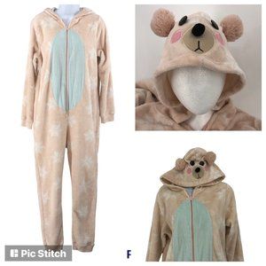 Kuwaii Pink Plush Snowflake Bear Hooded Adult Sleeper One Piece Pajama Sz S